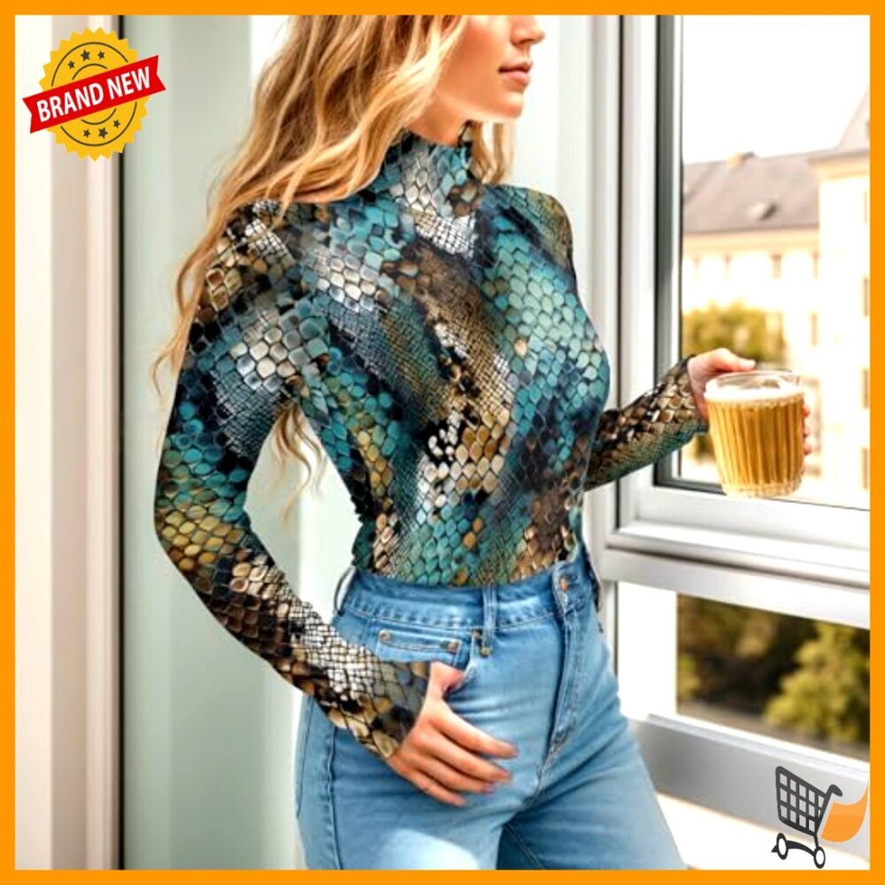 Mock Neck Long Sleeve Bodysuit Snake Print Y2K Chic Form-Fitting Party Wear - Picture 3 of 6